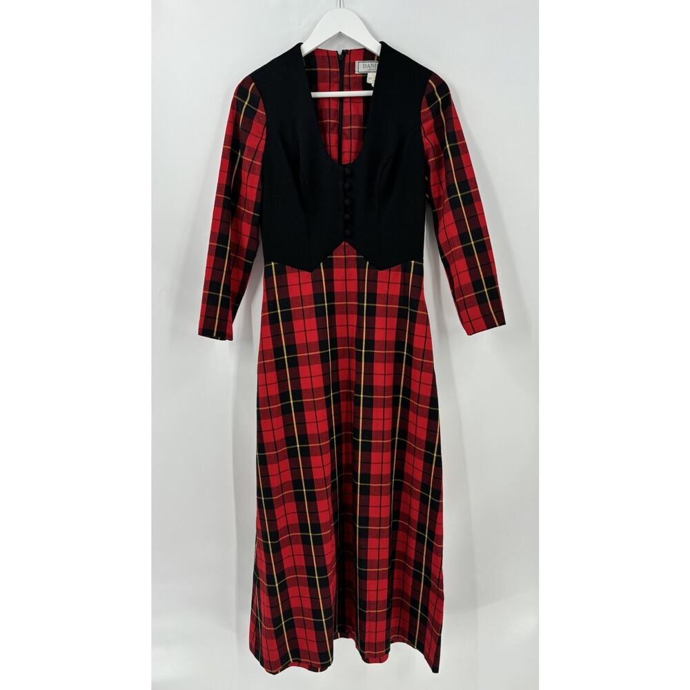 Danielle Vintage Dress Womens 10 Black Red Plaid Maxi Length Long Sleeves Vest